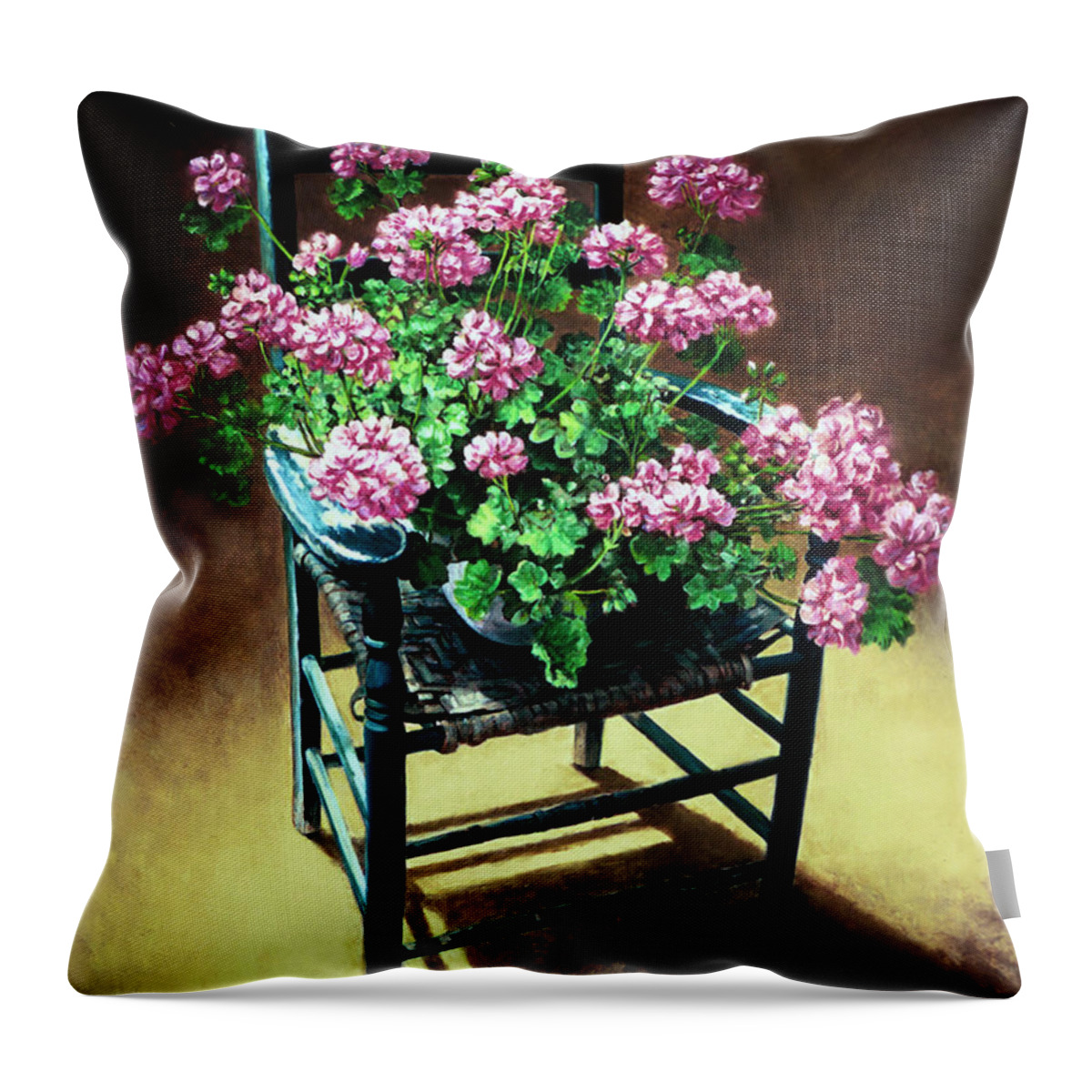 Flowers Throw Pillow featuring the painting Chair with Geraniums by Marie Witte