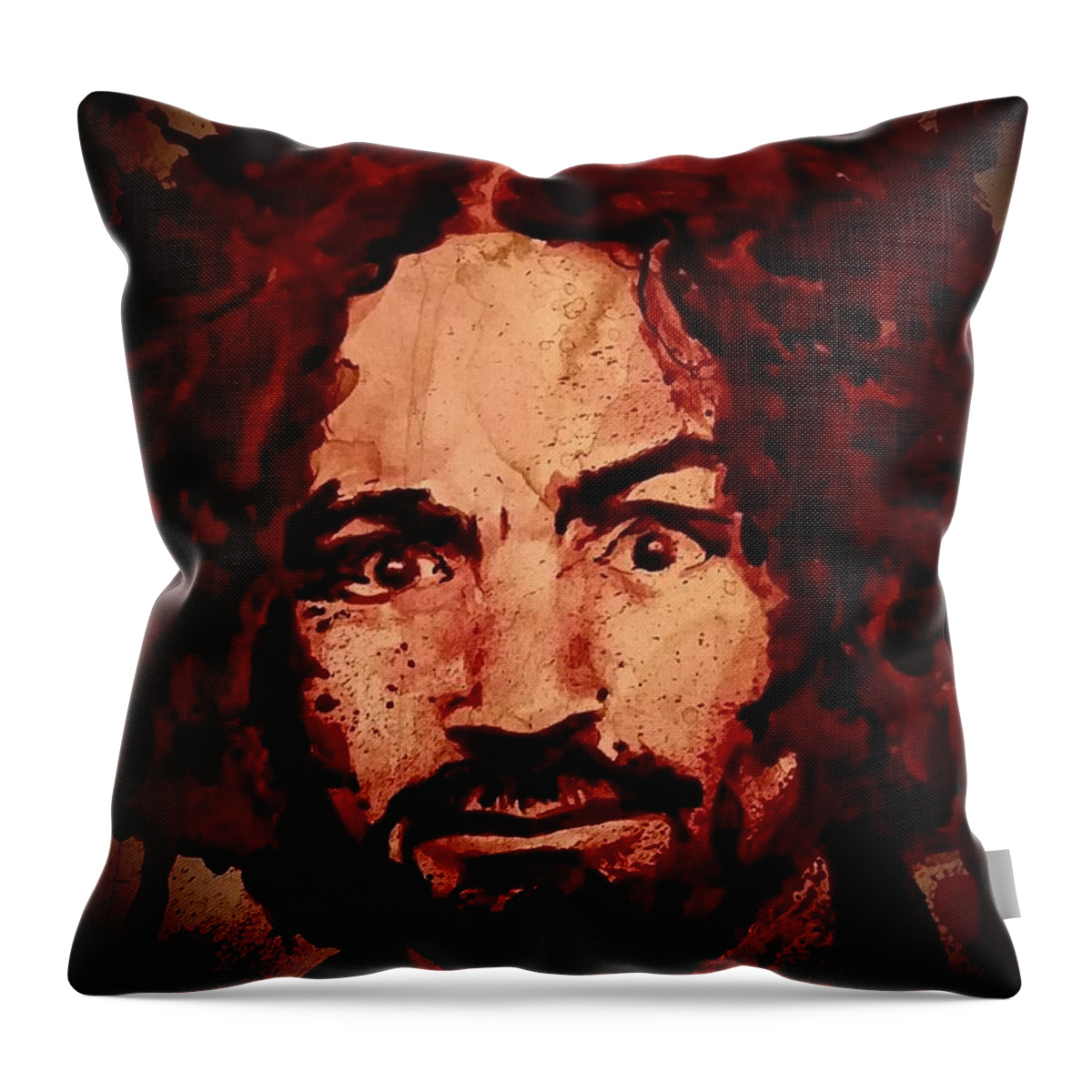 Ryan Almighty Throw Pillow featuring the painting CHARLES MANSON portrait fresh blood by Ryan Almighty