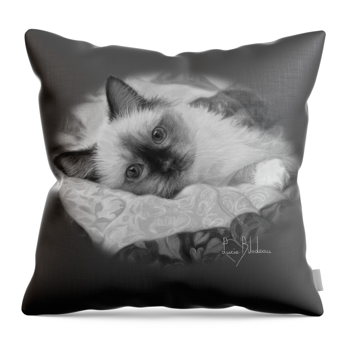 Cat Throw Pillow featuring the painting Charming - Black and White by Lucie Bilodeau