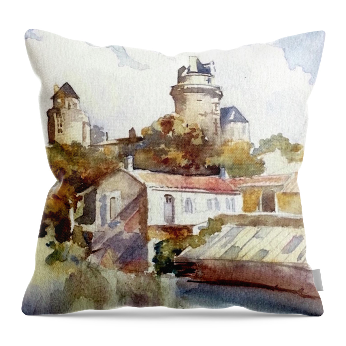 Chateau Throw Pillow featuring the painting Chateau Poitevin - France by Francoise Chauray