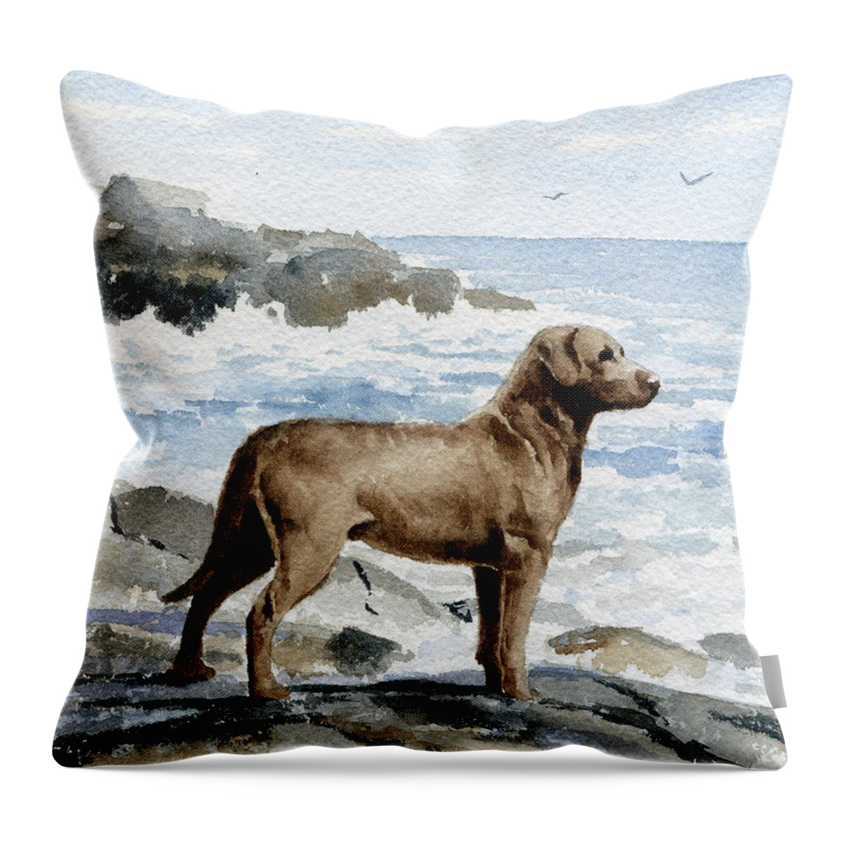 Chesapeake Bay Retriever Throw Pillow featuring the painting Chesapeake Bay Retriever at the Beach by David Rogers