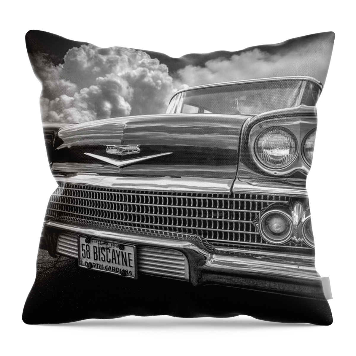 '58 Throw Pillow featuring the photograph Chevrolet Biscayne 1958 in Black and White by Debra and Dave Vanderlaan