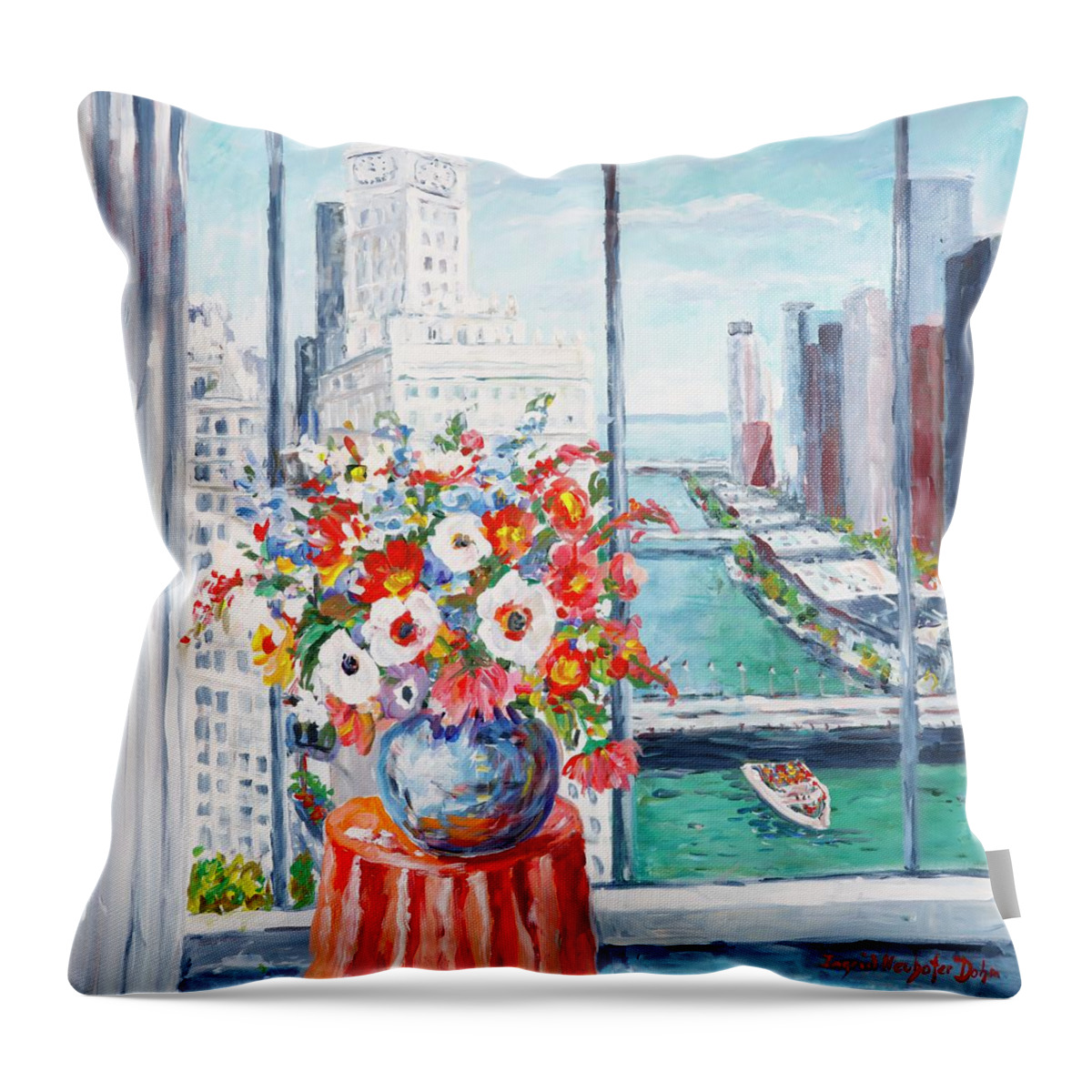 Flowers Throw Pillow featuring the painting Chicago River by Ingrid Dohm
