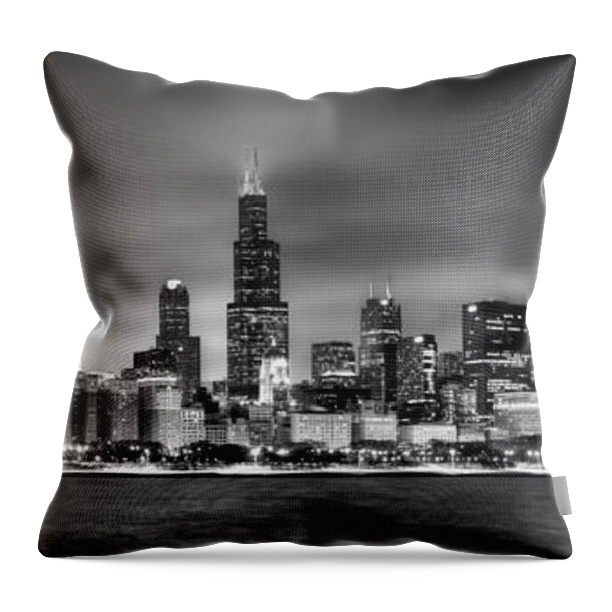 Chicago Skyline Throw Pillow featuring the photograph Chicago Skyline at NIGHT black and white by Jon Holiday