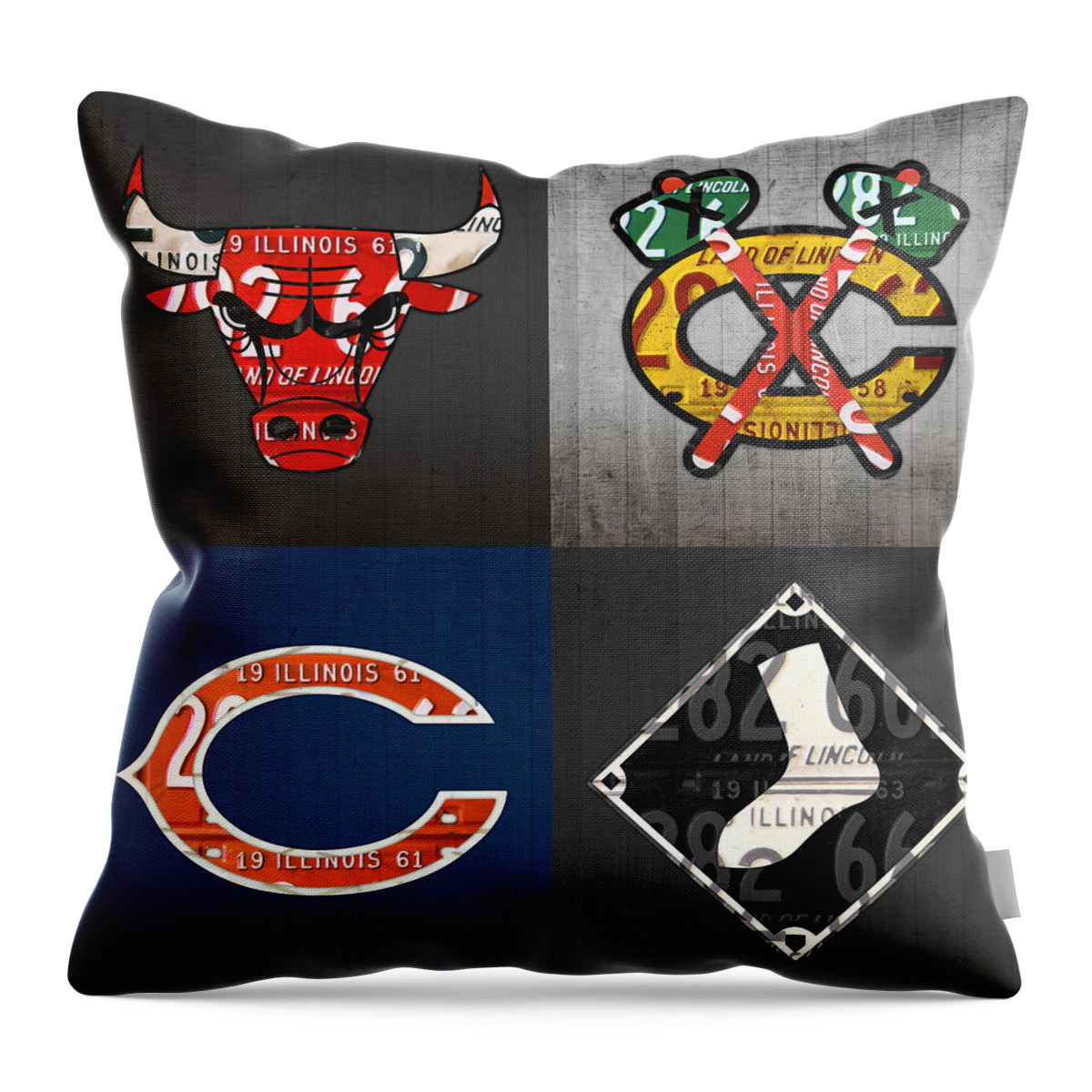 Chicago Throw Pillow featuring the mixed media Chicago Sports Fan Recycled Vintage Illinois License Plate Art Bulls Blackhawks Bears and White Sox by Design Turnpike