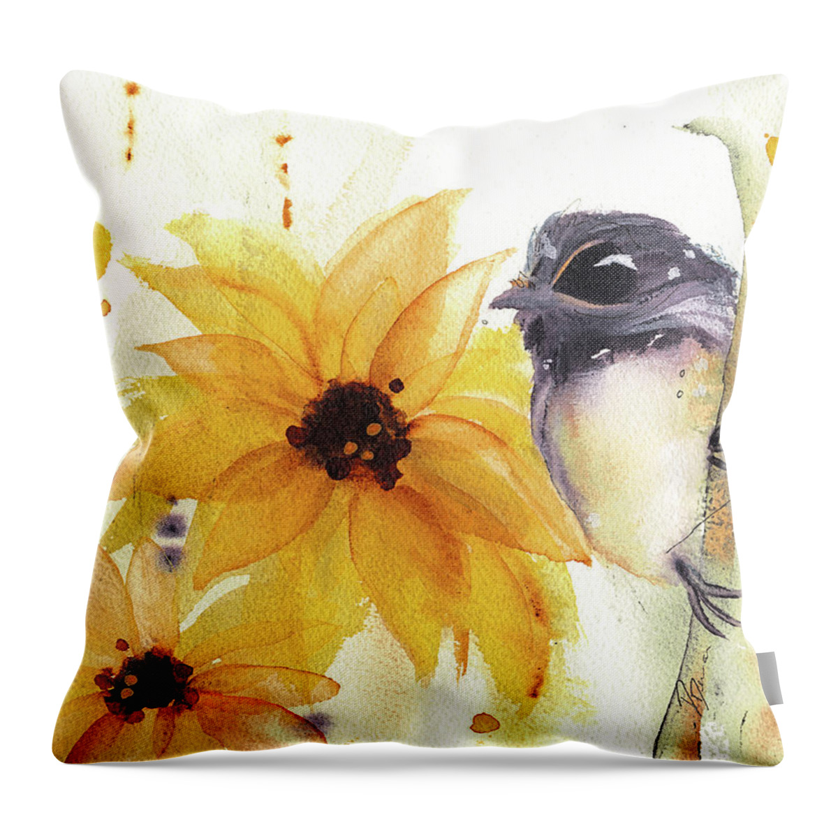 Watercolor Throw Pillow featuring the painting Chickadee and Sunflowers by Dawn Derman