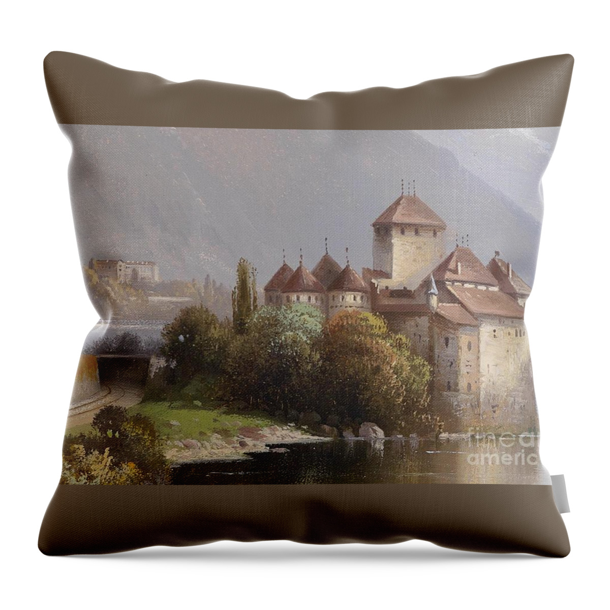 Hubert Sattler Throw Pillow featuring the painting Chillon Castle by MotionAge Designs