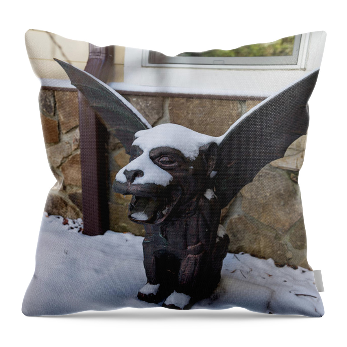 Gargoyle Throw Pillow featuring the photograph Chimera In The Snow by D K Wall