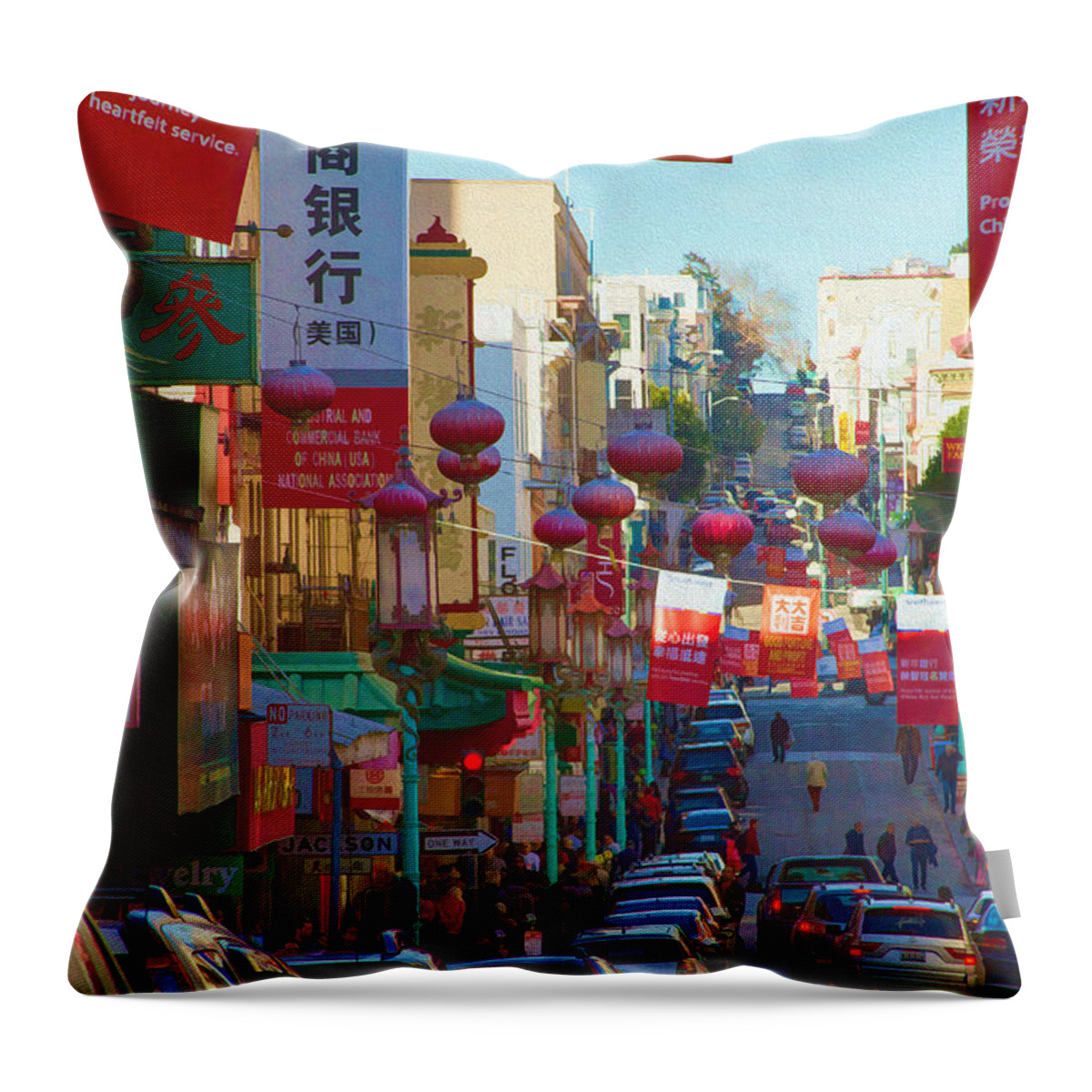 Bonnie Follett Throw Pillow featuring the photograph Chinatown Street Scene by Bonnie Follett