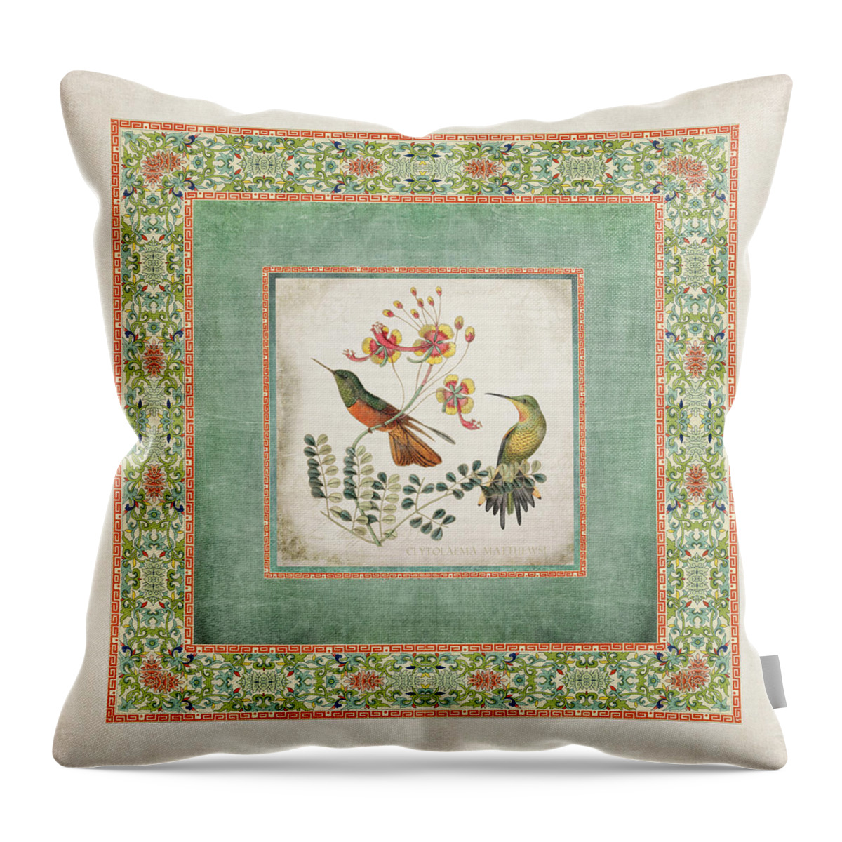 Chinese Ornamental Paper Throw Pillow featuring the digital art Chinoiserie Vintage Hummingbirds n Flowers 1 by Audrey Jeanne Roberts