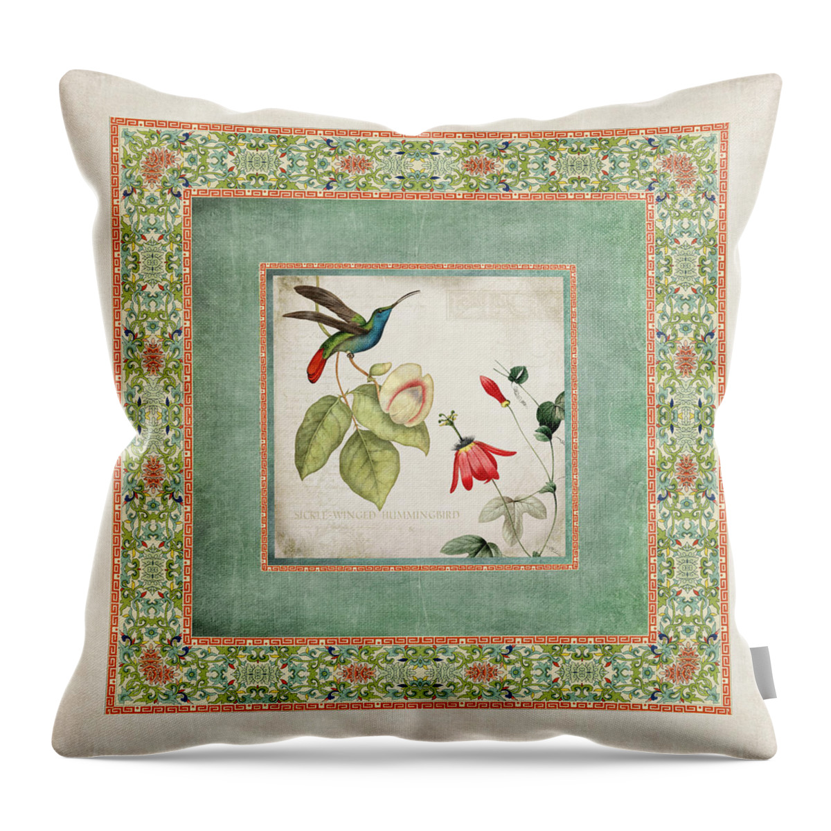 Chinese Ornamental Paper Throw Pillow featuring the digital art Chinoiserie Vintage Hummingbirds n Flowers 2 by Audrey Jeanne Roberts