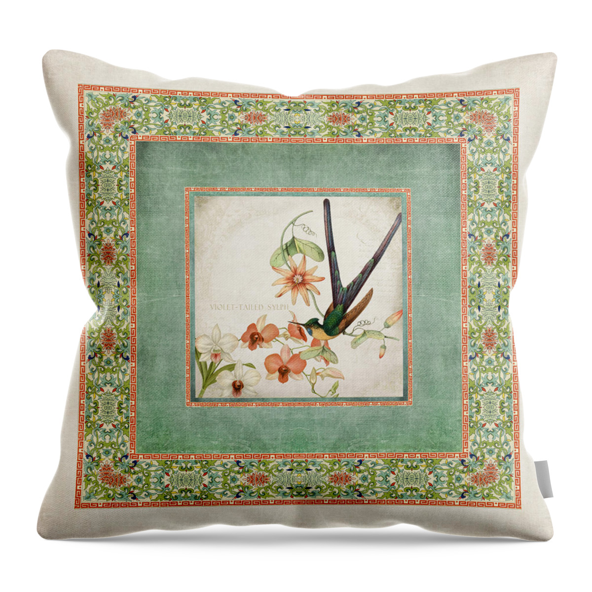 Chinese Ornamental Paper Throw Pillow featuring the digital art Chinoiserie Vintage Hummingbirds n Flowers 3 by Audrey Jeanne Roberts
