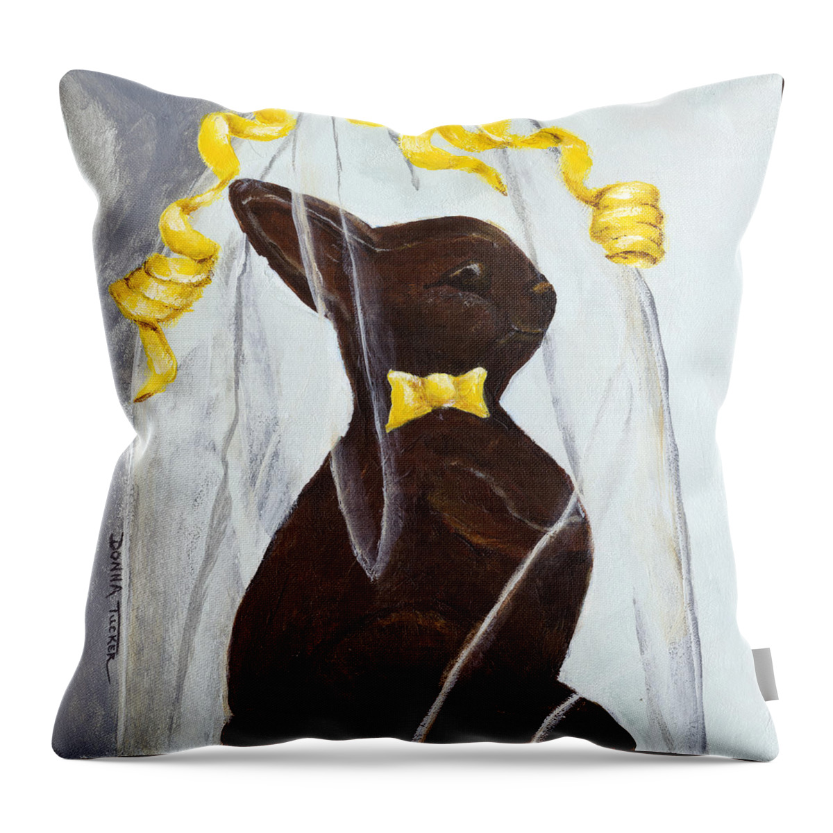 Cellophane Wrapped Bunny Throw Pillow featuring the painting Chocolate Easter Bunny by Donna Tucker