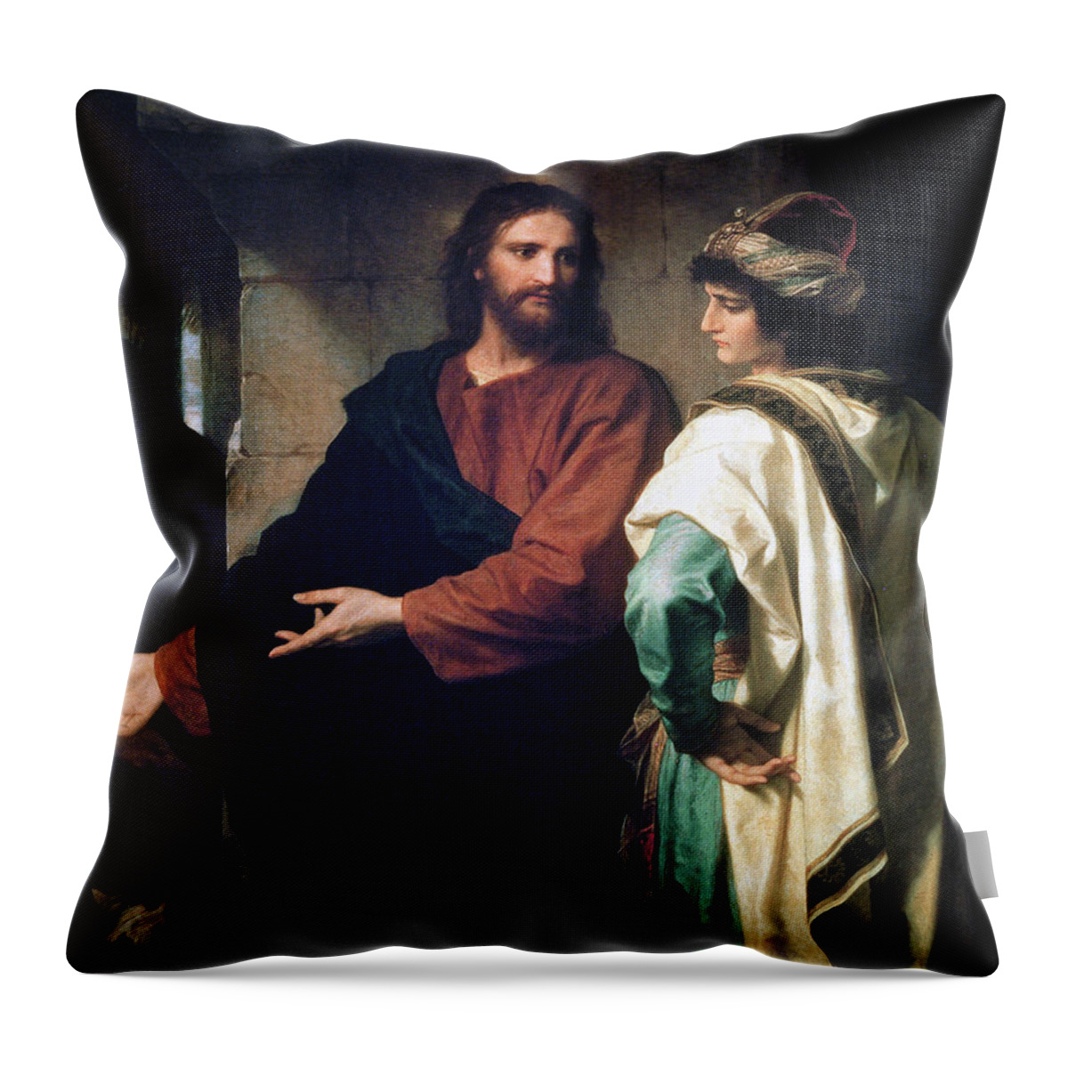 Jesus Throw Pillow featuring the painting Christ and the Rich Young Ruler by Heinrich Hofmann