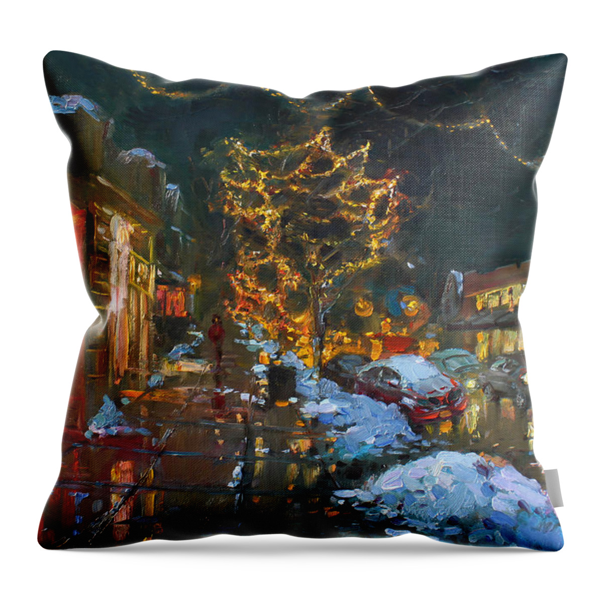 Christmas Lights Throw Pillow featuring the painting Christmas Reflections by Ylli Haruni