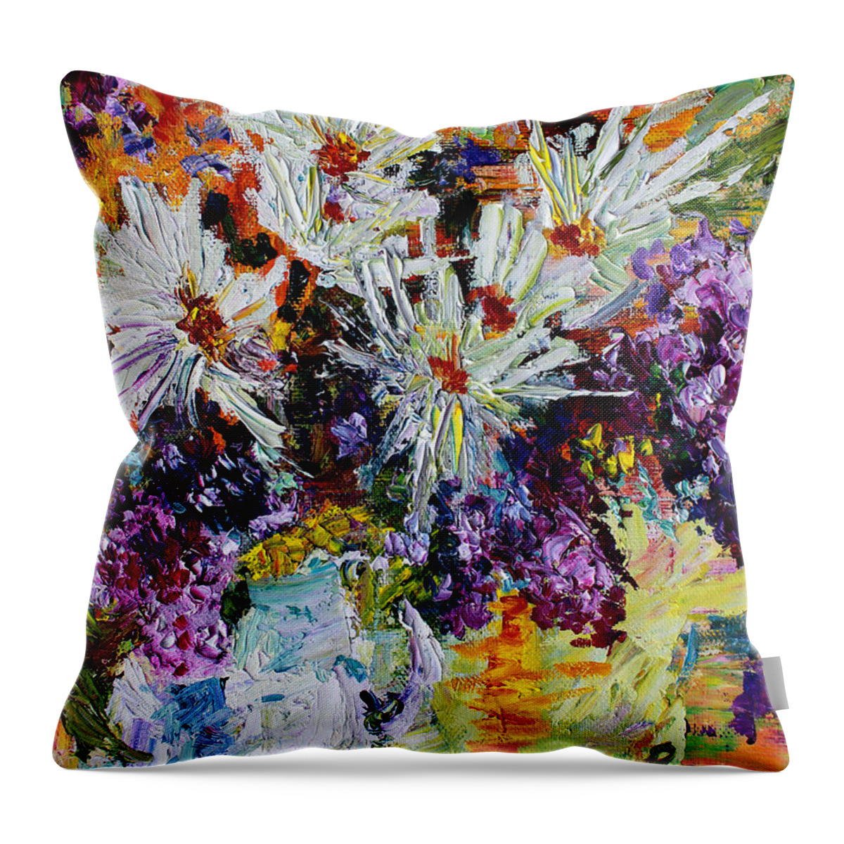 Chrysanthemums Throw Pillow featuring the painting Chrysanthemums and Lilacs Still Life by Ginette Callaway