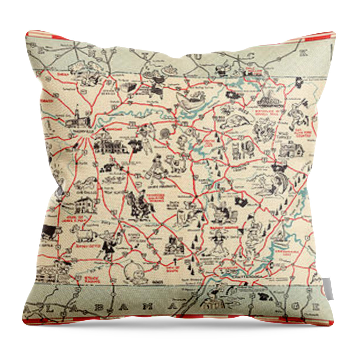Chuckle Map Throw Pillow featuring the mixed media Chuckle Map of Tennessee - Vintage Illustrated Map - Cartoon Vignettes by Studio Grafiikka