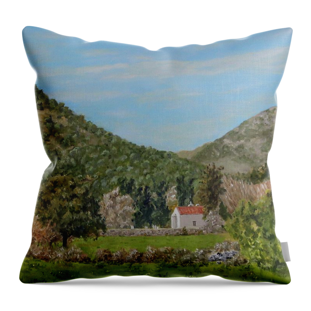 Landscape Throw Pillow featuring the painting Church at Gonias, Askyfou Plateau, Crete by David Capon