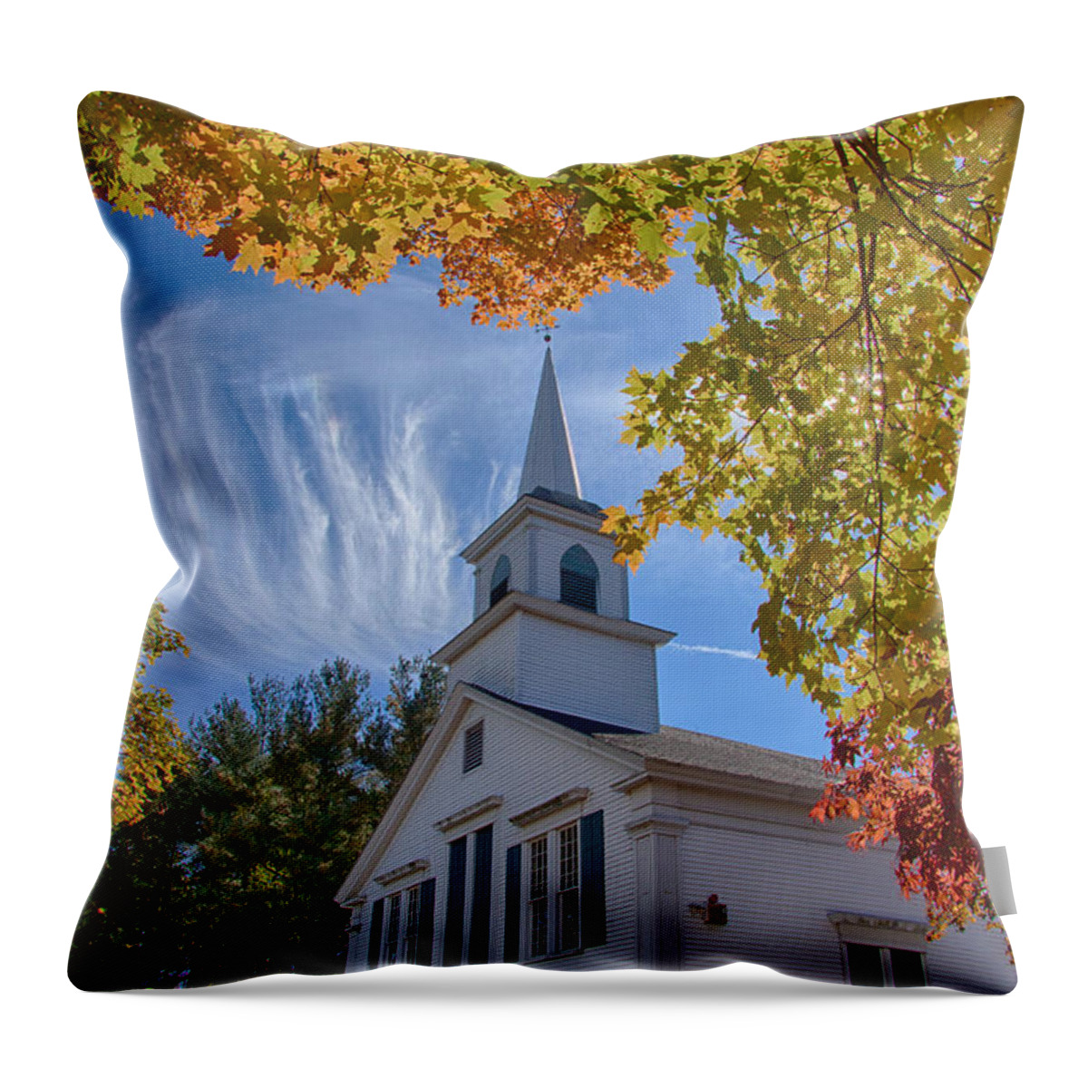 #jefffolger Throw Pillow featuring the photograph Church with Mares tails above and fall foliage below by Jeff Folger