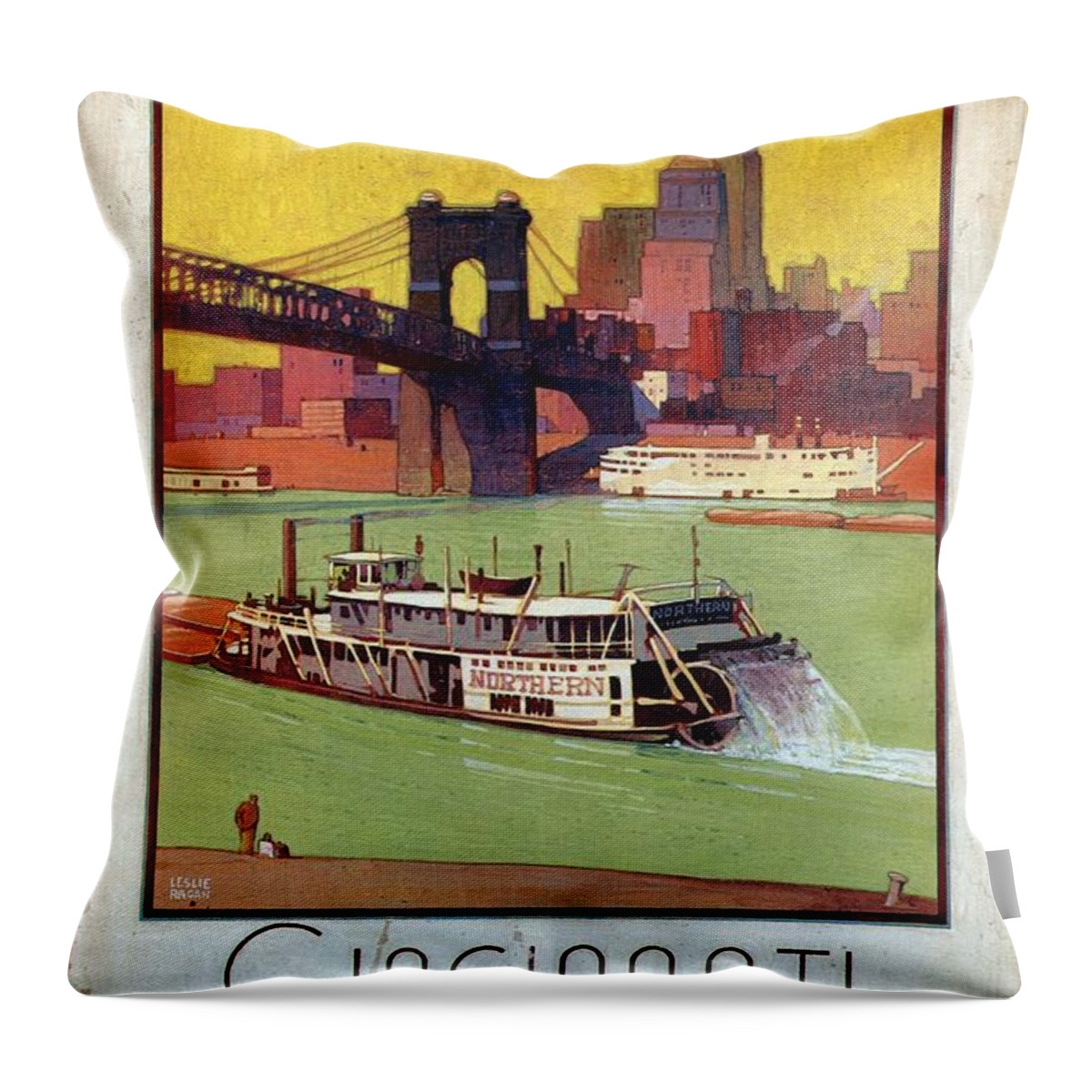 Cincinnati Throw Pillow featuring the mixed media Cincinnati On the Ohio Gateway to the South - New York Central Lines - Retro travel Poster by Studio Grafiikka