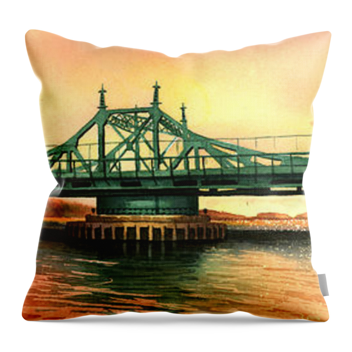 City Island Throw Pillow featuring the painting City Island Bridge Fall by Marguerite Chadwick-Juner