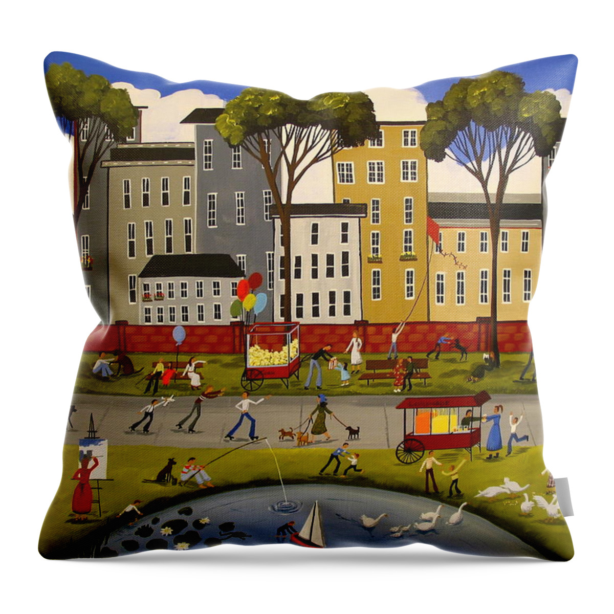 Folk Art Throw Pillow featuring the painting City Park by Debbie Criswell