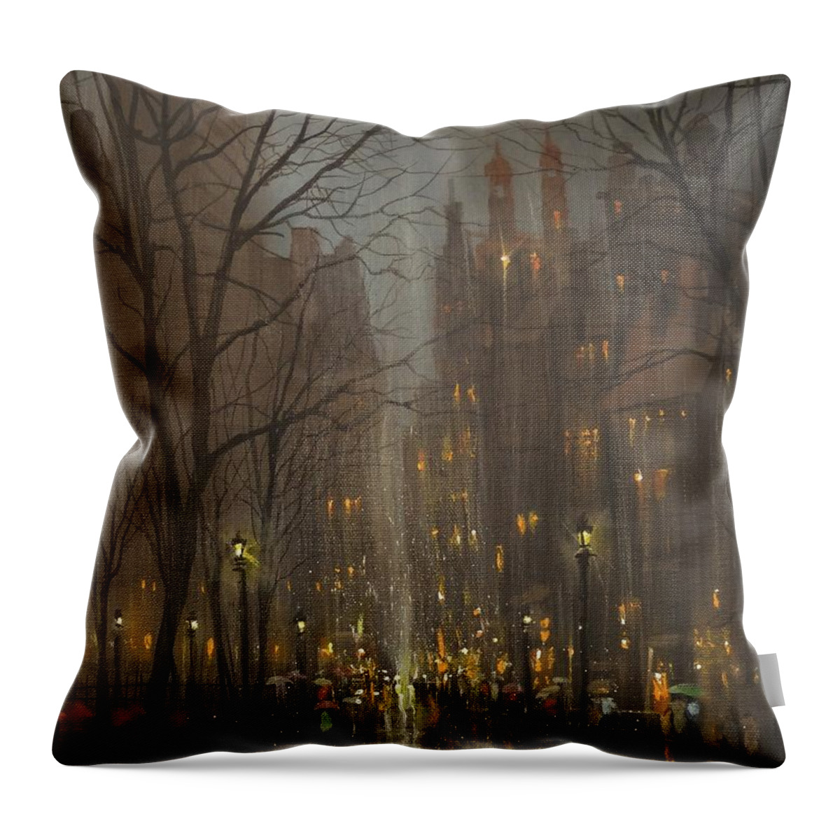 City Rain Throw Pillow featuring the painting City Park by Tom Shropshire