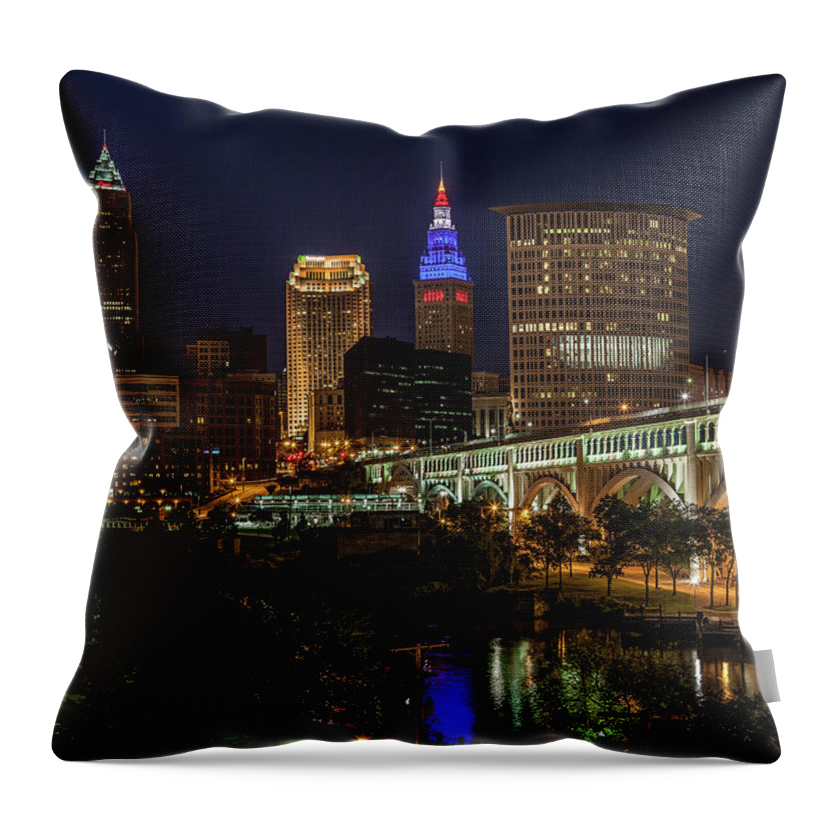 Cleveland Throw Pillow featuring the photograph Cleveland Nightscape by Lon Dittrick