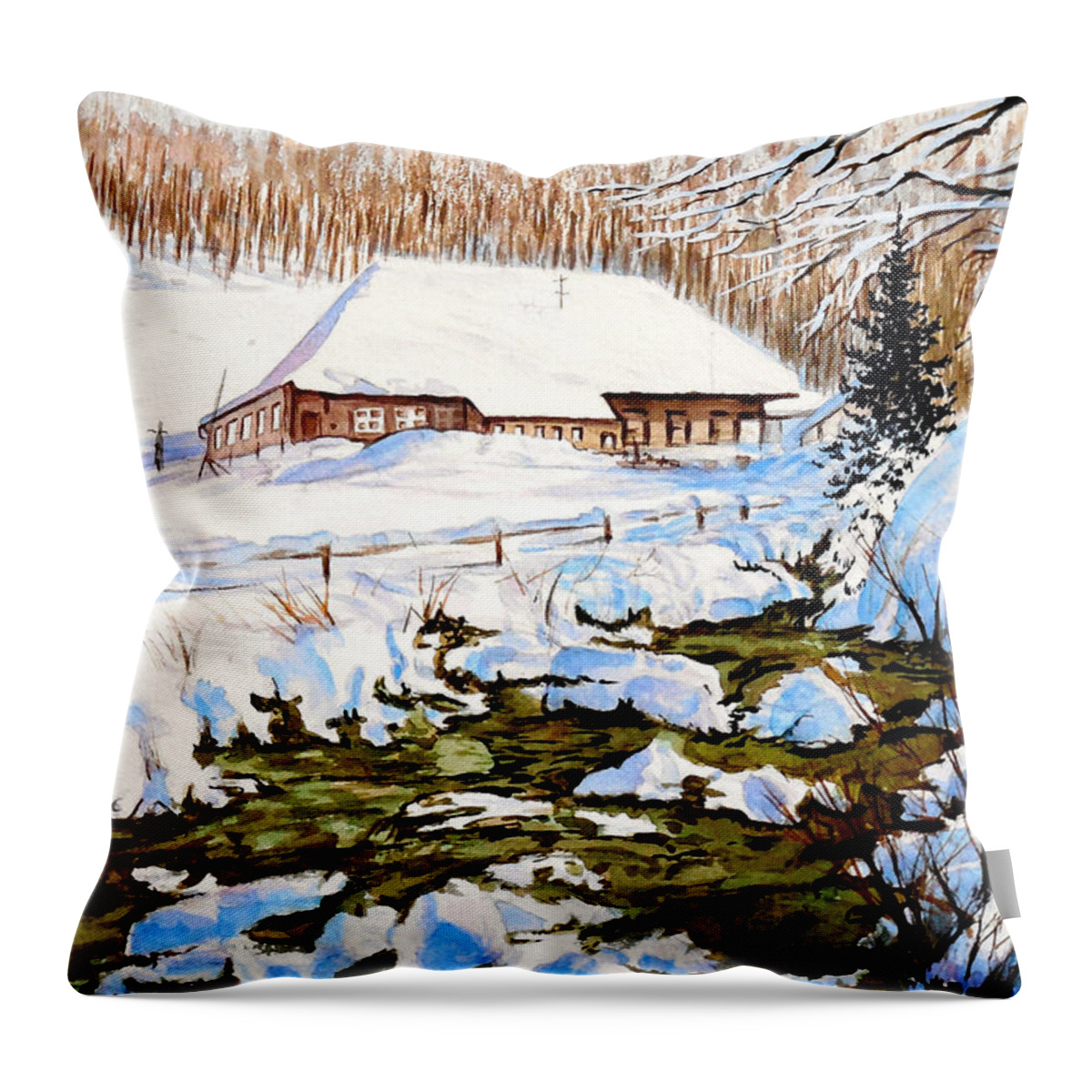 Winter Throw Pillow featuring the painting Clubhouse in Winter by Sher Nasser
