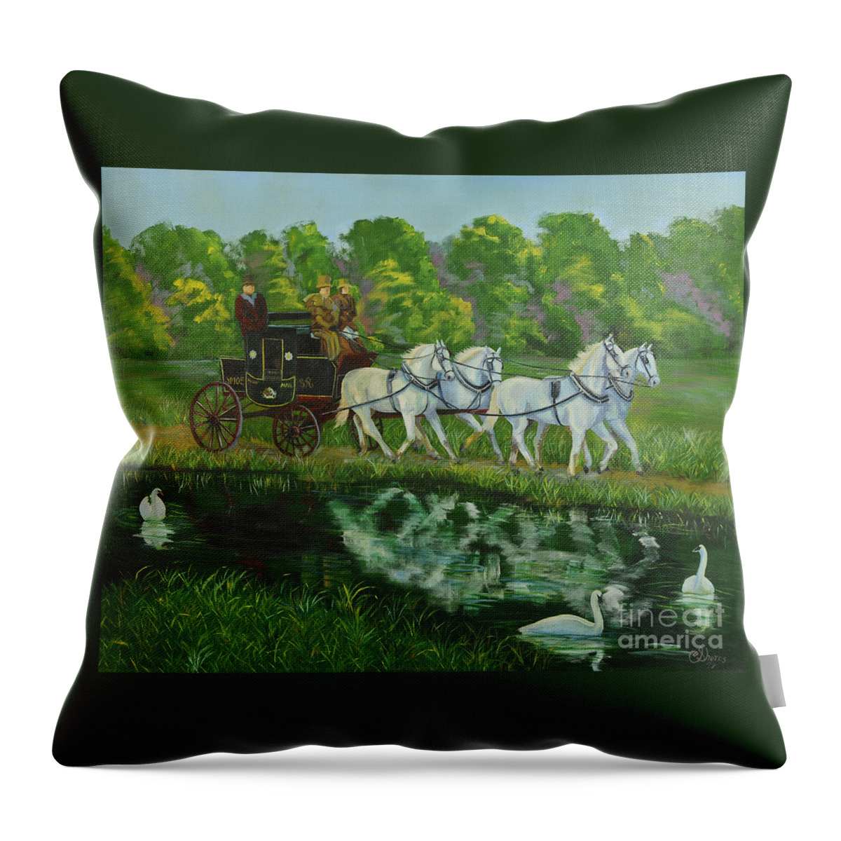 Mail Coach Throw Pillow featuring the painting Coach And Four In Hand by Charlotte Blanchard