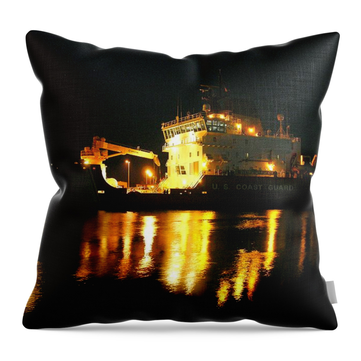 Coast Guard Cutter Throw Pillow featuring the photograph Coast Guard Cutter Mackinaw at night by Keith Stokes