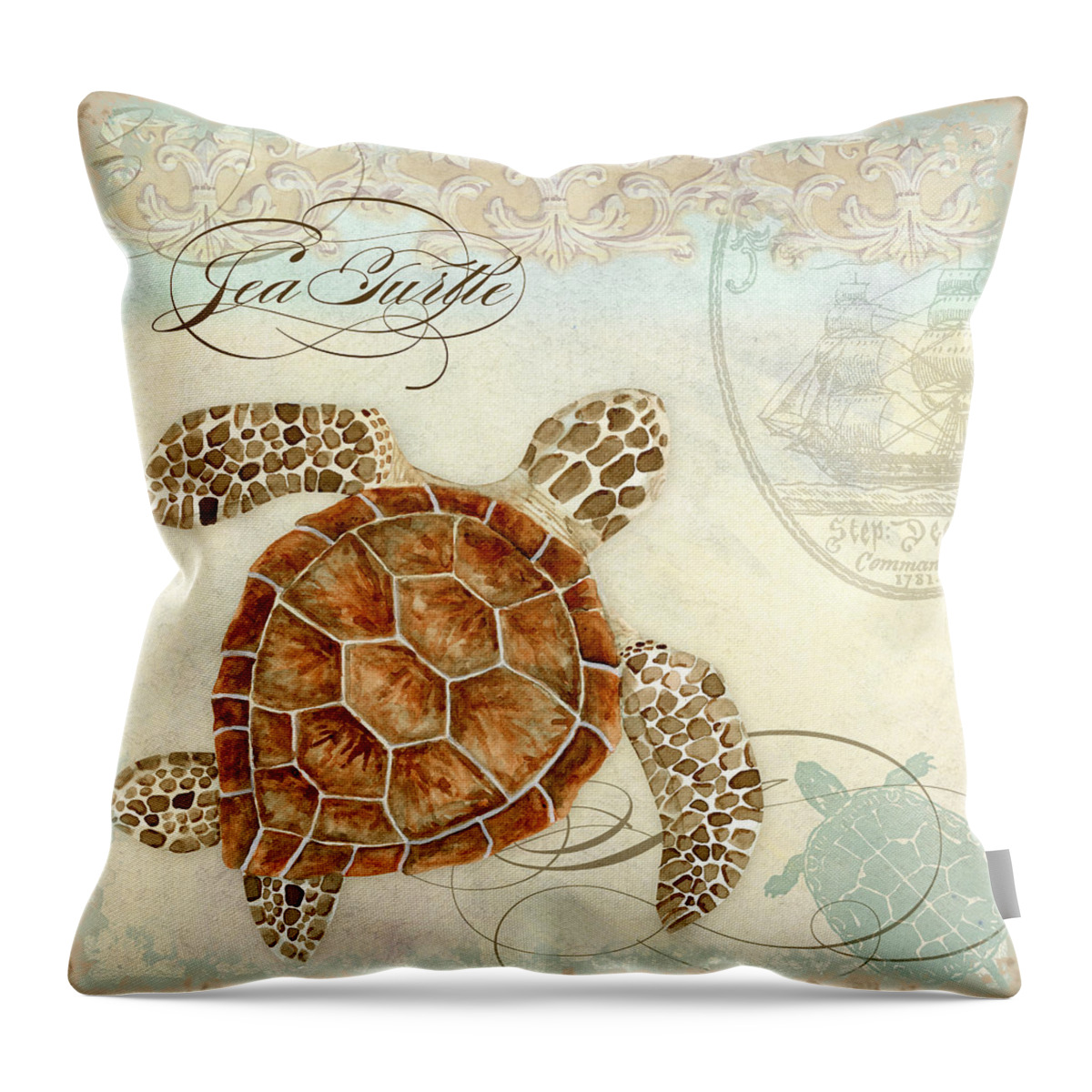 Watercolor Throw Pillow featuring the painting Coastal Waterways - Green Sea Turtle 2 by Audrey Jeanne Roberts