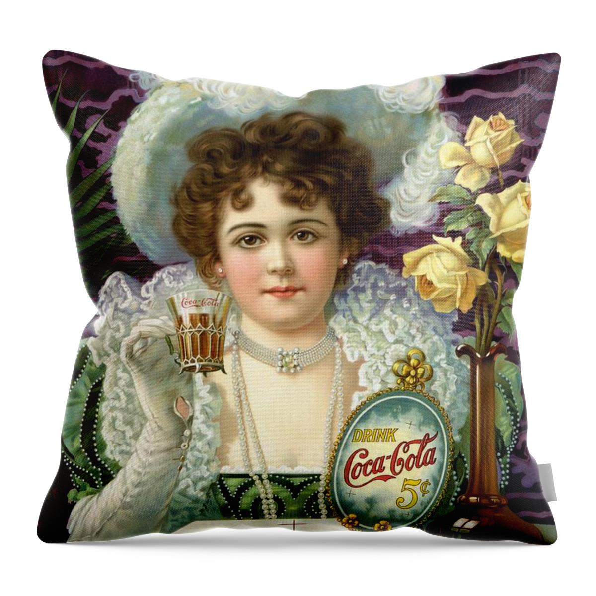 Coca Cola Throw Pillow featuring the mixed media Coca Cola - Little Girl - Vintage Cool Drinks Advertising Poster by Studio Grafiikka