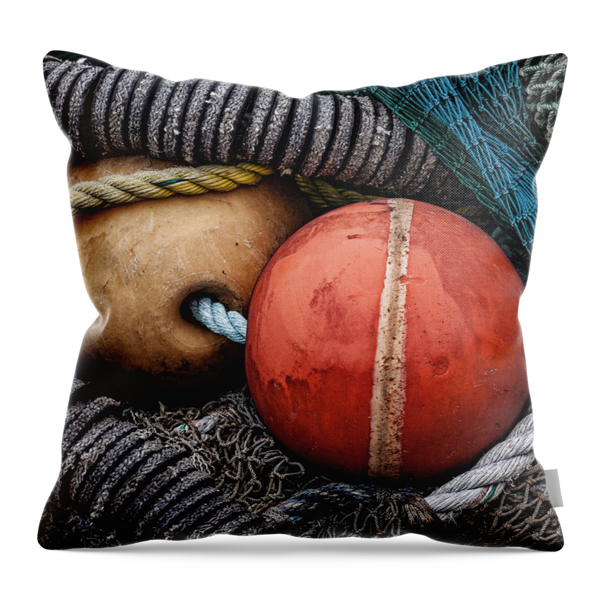 Oregon Throw Pillow featuring the photograph Colorful Buoys and Nets by Carol Leigh