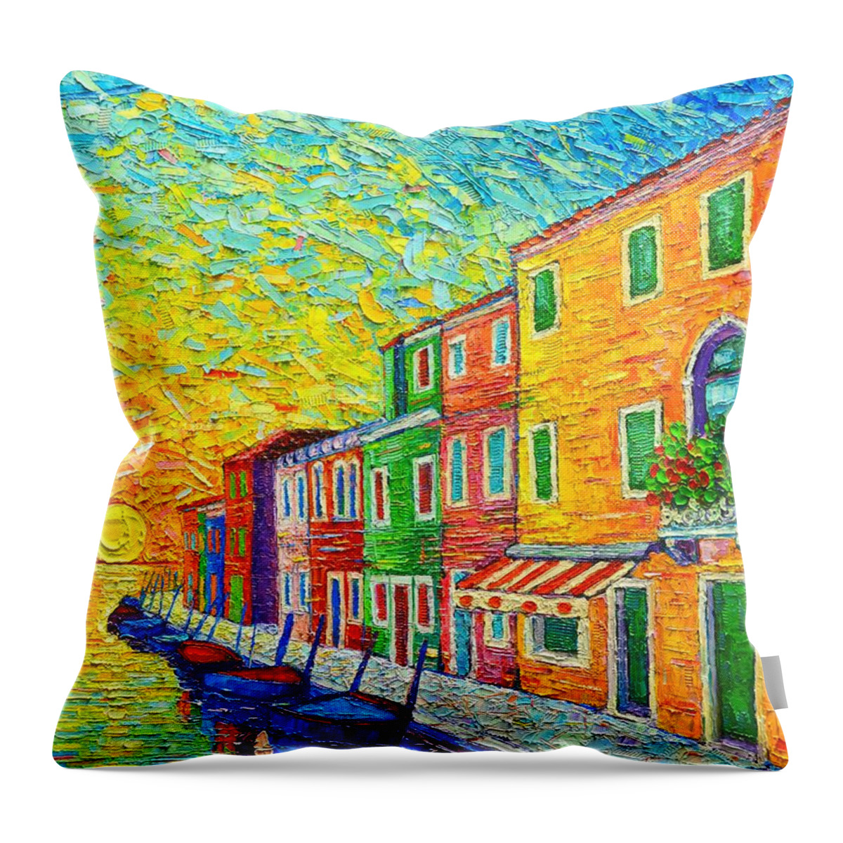 Venice Throw Pillow featuring the painting Colorful Burano Sunrise - Venice - Italy - Palette Knife Oil Painting By Ana Maria Edulescu by Ana Maria Edulescu