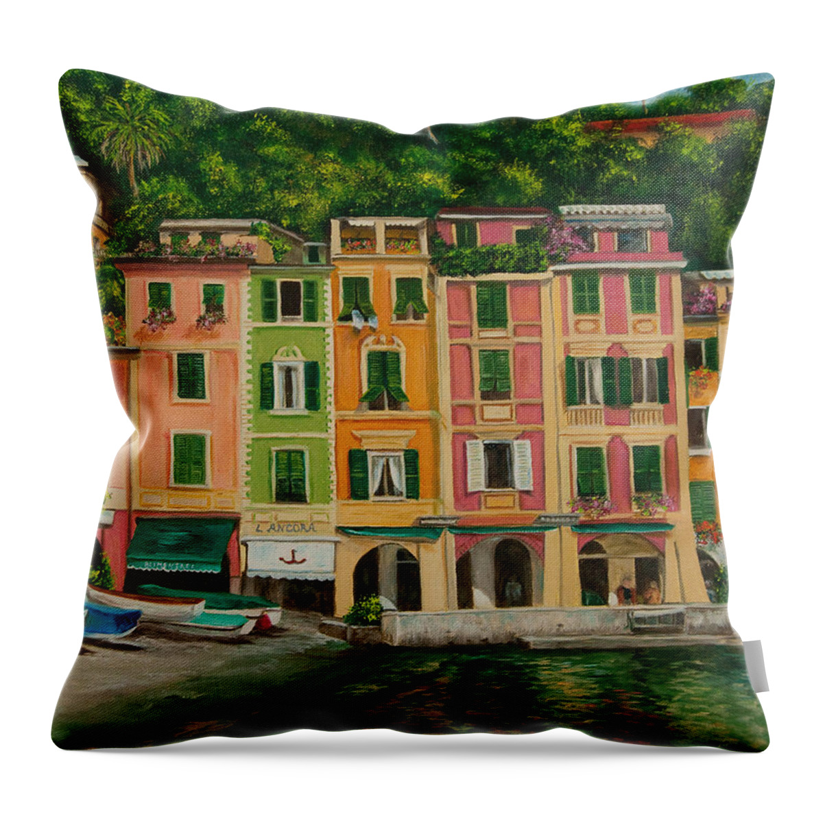 Portofino Italy Art Throw Pillow featuring the painting Colorful Portofino by Charlotte Blanchard