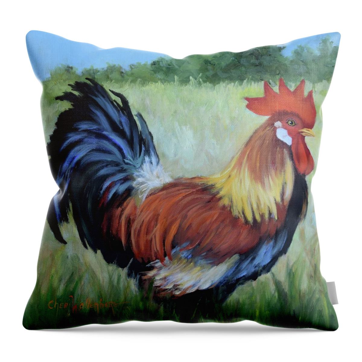 Rooster Throw Pillow featuring the painting Colorful Rooster Print by Cheri Wollenberg