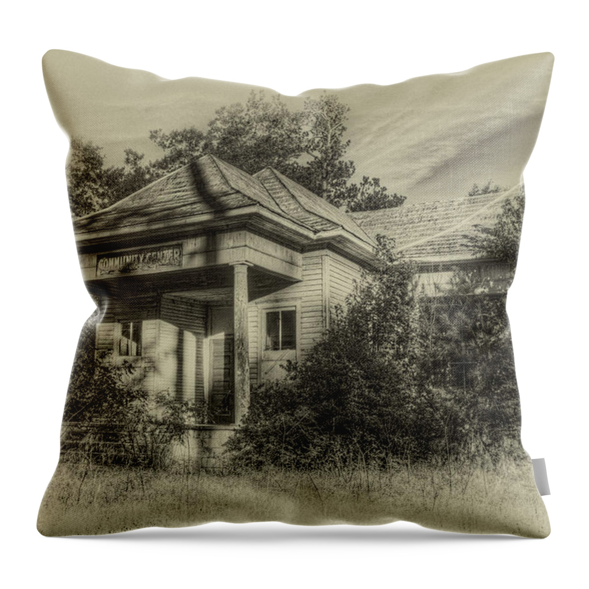 Old Buildings Throw Pillow featuring the photograph Community Center II in Sepia by Harry B Brown