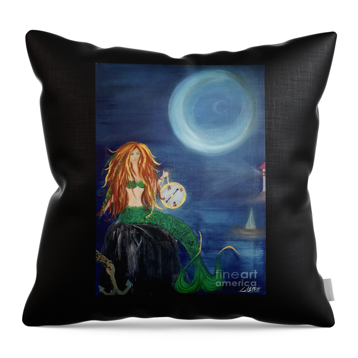 Mermaid Throw Pillow featuring the painting Compass Mermaid by Artist Linda Marie