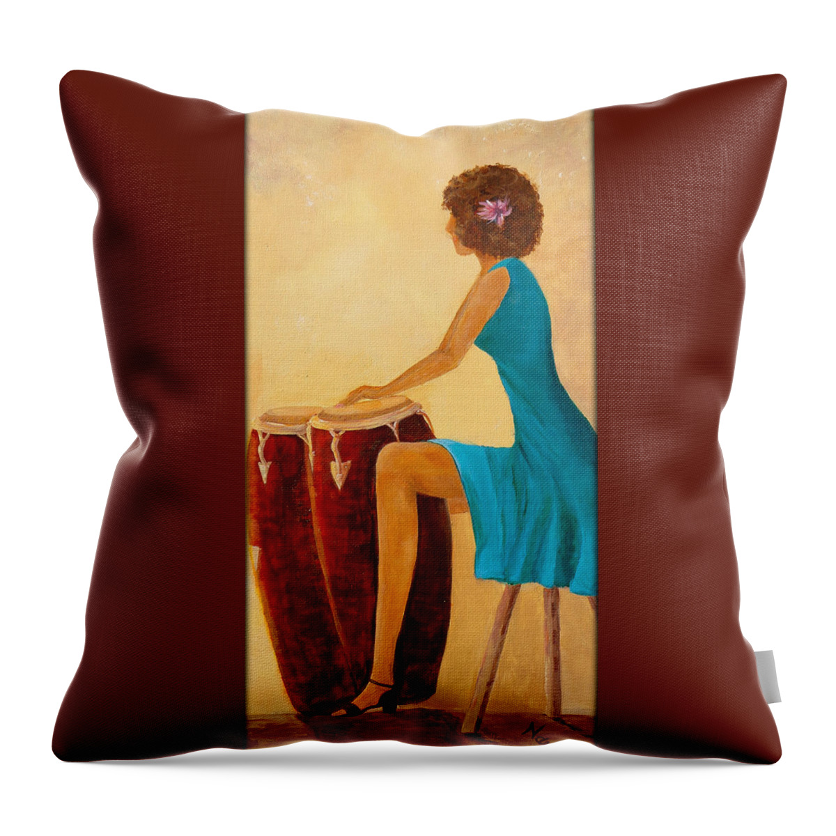 Drumming Throw Pillow featuring the painting Conga Gal by Deborah Naves