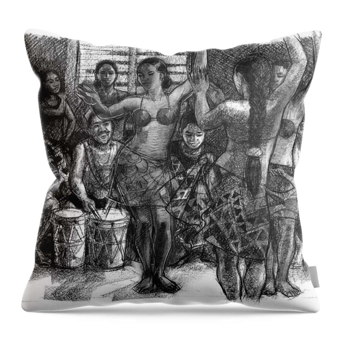 Dance Team Throw Pillow featuring the drawing Cook Islands Dance Team at Practice by Judith Kunzle