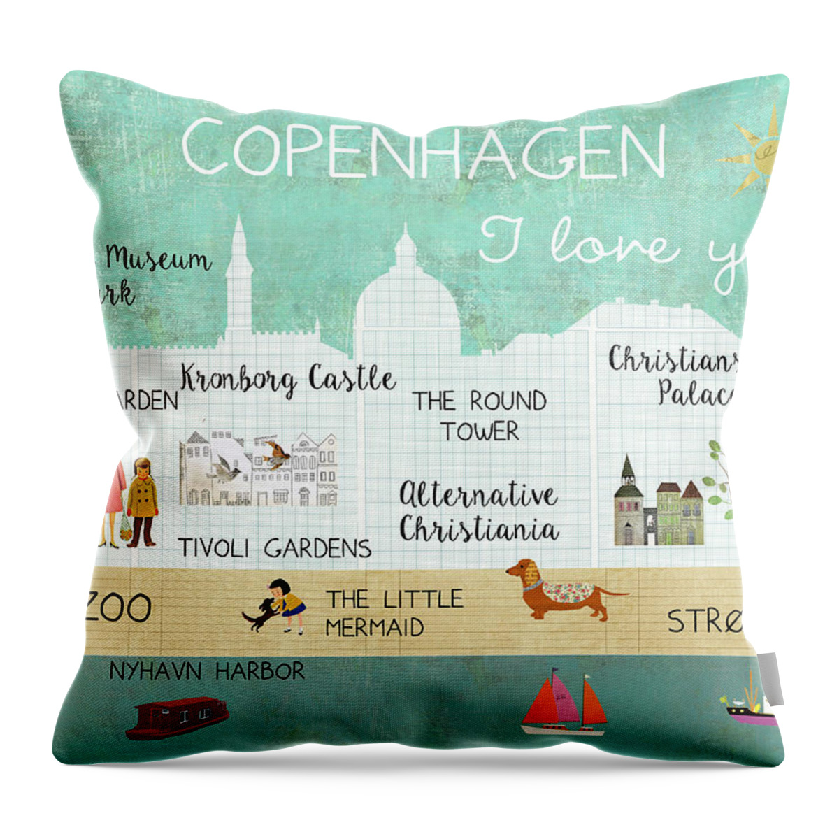 Copenhagen I Love You Throw Pillow featuring the mixed media Copenhagen I love you by Claudia Schoen