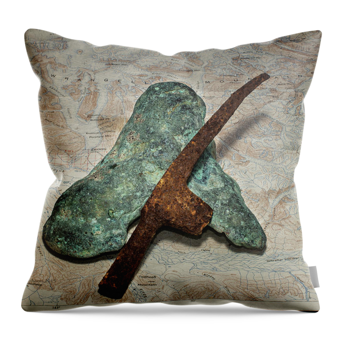 Copper Nugget Throw Pillow featuring the photograph Copper Nugget Rock Hammer and Map by Fred Denner