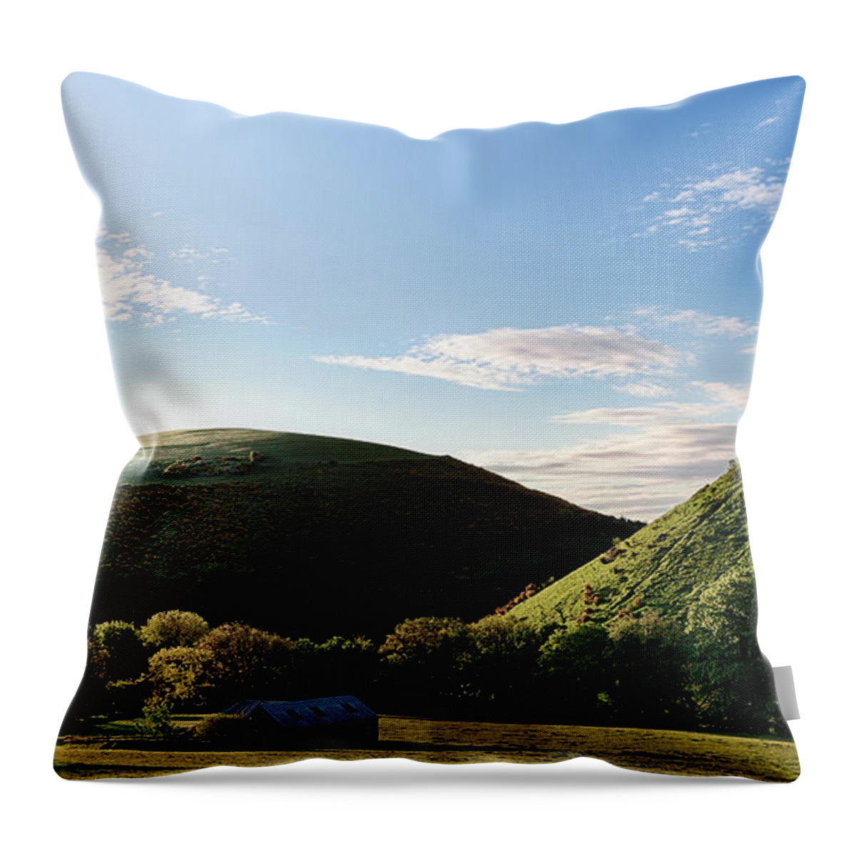 Corfe Castle Throw Pillow featuring the photograph Corfe Castle morning panoramic by Simon Bratt