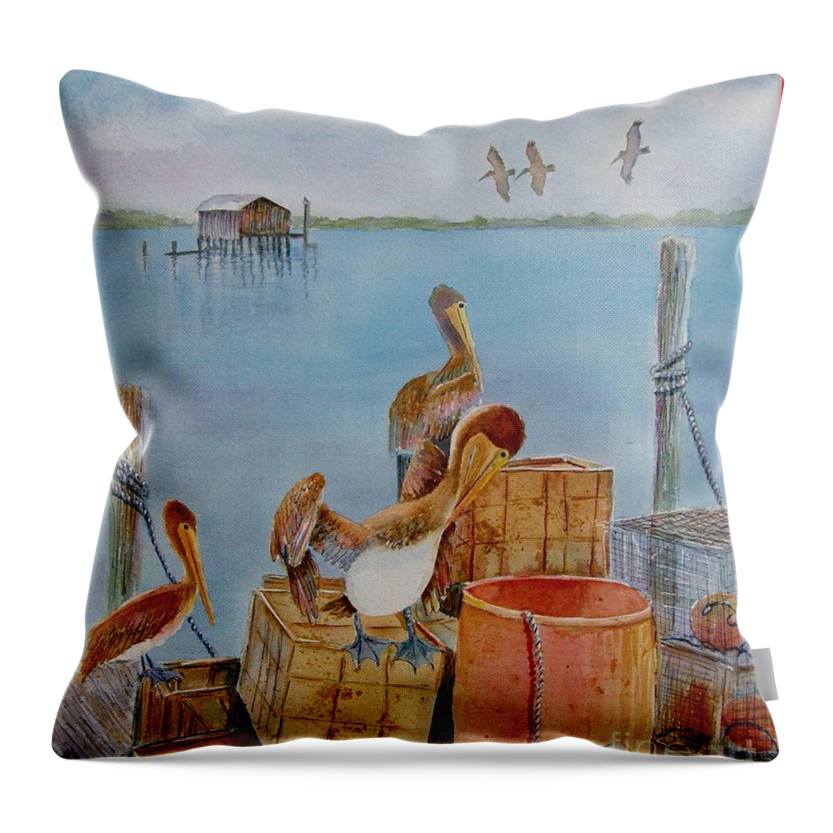 #cortez Village Throw Pillow featuring the painting Cortez Fishing Village by Midge Pippel