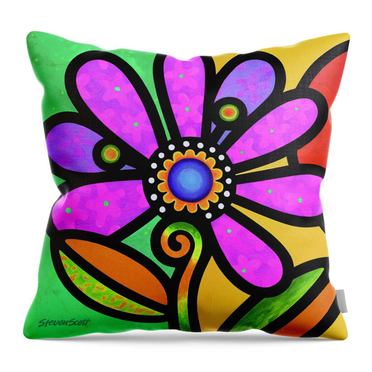 Daisy Throw Pillow featuring the painting Cosmic Daisy in Pink by Steven Scott