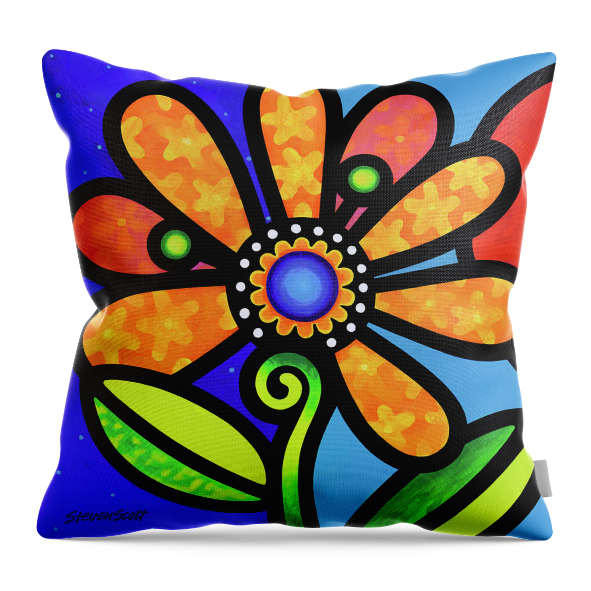 Daisy Throw Pillow featuring the painting Cosmic Daisy in Yellow by Steven Scott