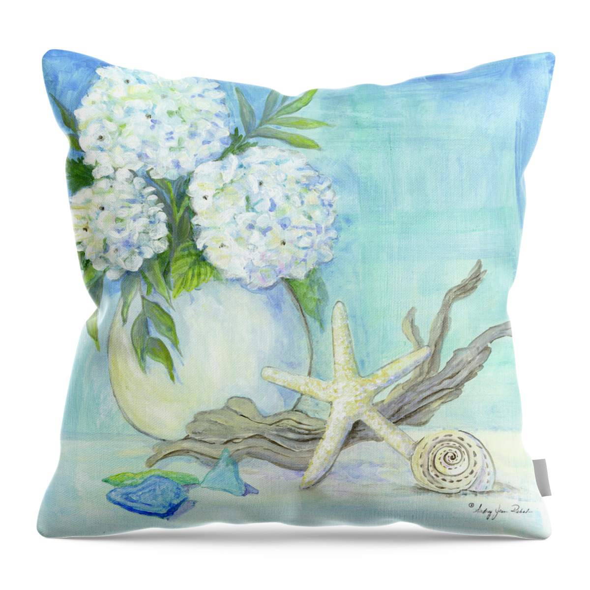 White Hydrangeas Throw Pillow featuring the painting Cottage at the Shore 1 White Hydrangea Bouquet w Driftwood Starfish Sea Glass and Seashell by Audrey Jeanne Roberts