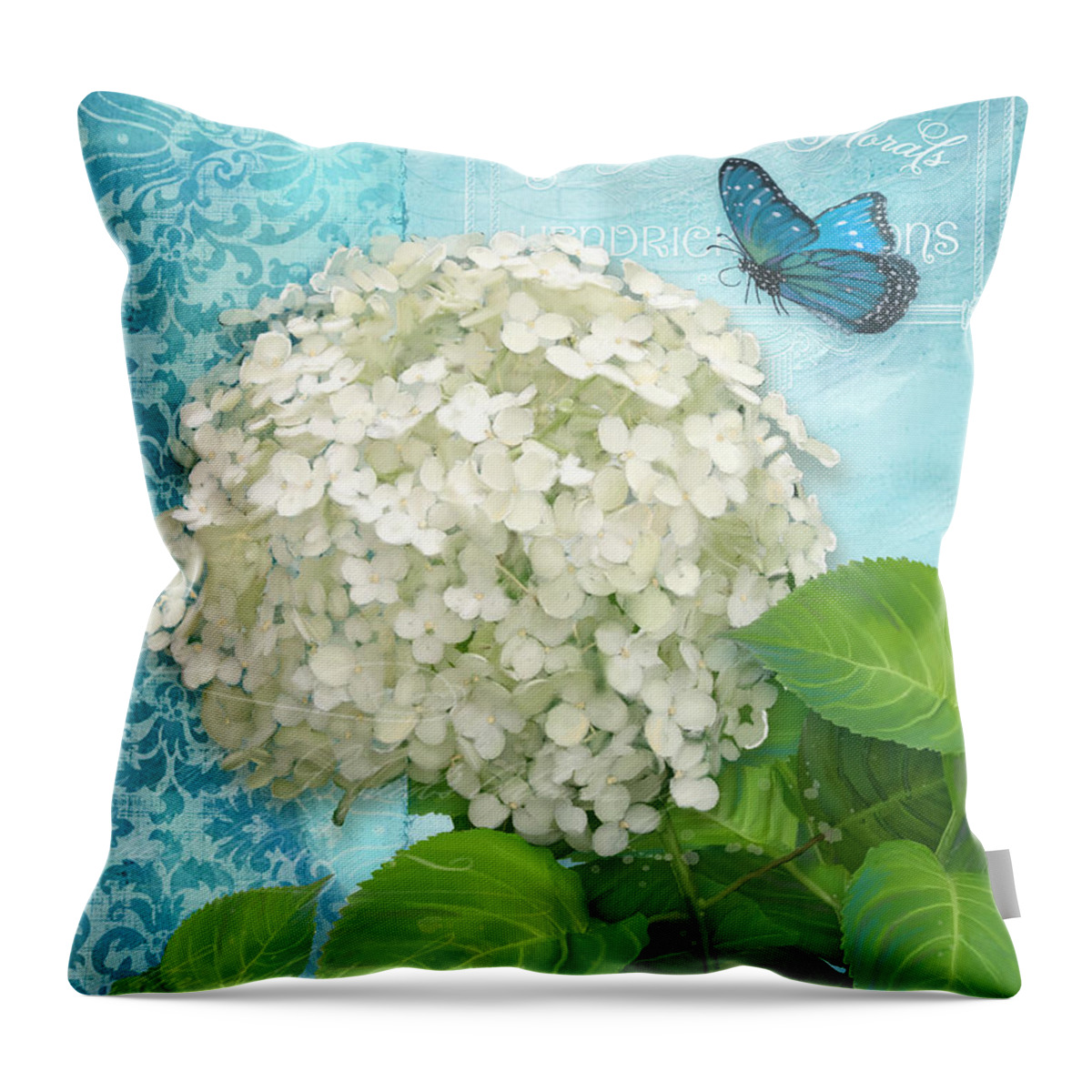 White Hydrangea Throw Pillow featuring the painting Cottage Garden White Hydrangea with Blue Butterfly by Audrey Jeanne Roberts