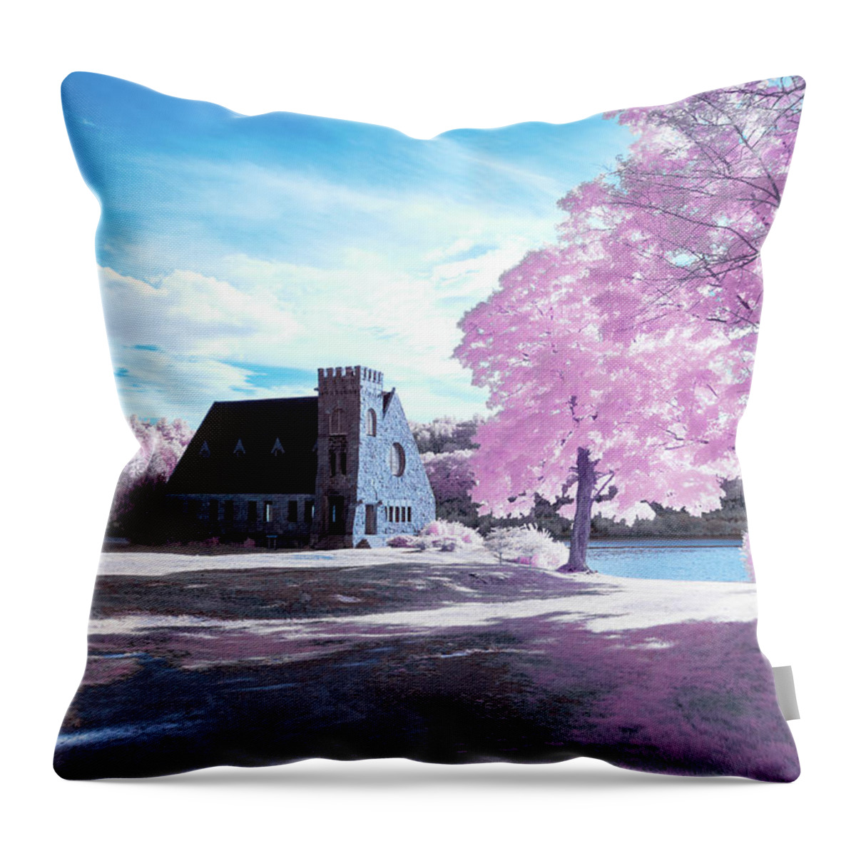 Old Stone Church West Boylston W W. Architecture Stonewall Outside Outdoors Sky Clouds Trees Bushes Brush Grass Geese Birds Newengland New England U.s.a. Usa Brian Hale Brianhalephoto Ir Infrared Infra Red Historic Throw Pillow featuring the photograph Cotton Candy Church by Brian Hale